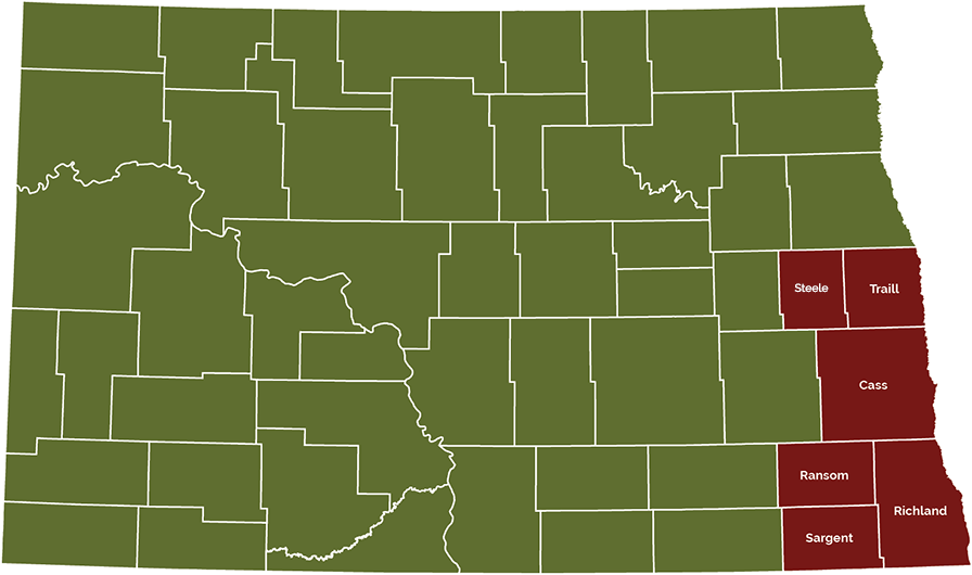 North dakota county map with steele, traill, cass, ransom, sargent, and richland highlighted.